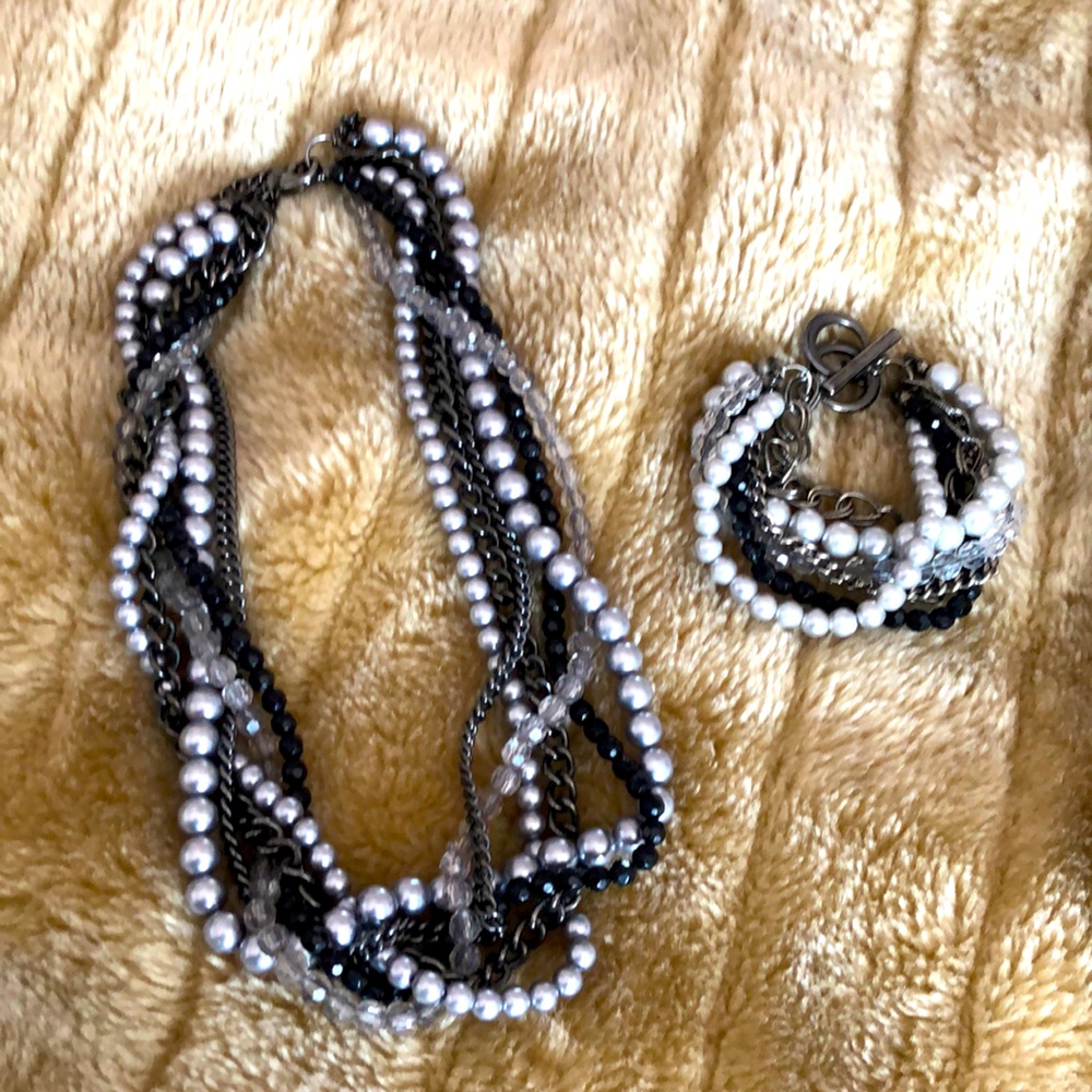 Gray crystal and black necklace & bracelet